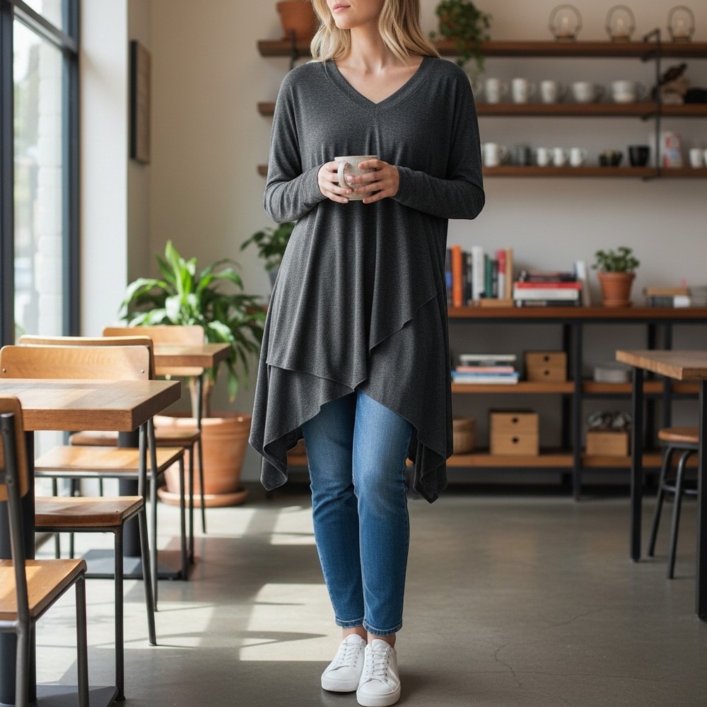 Soft Surroundings 2X Charcoal Gray Layered Handkerchief Hem V-Neck Tunic